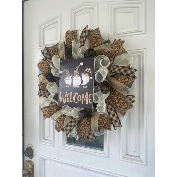 Leopard Welcome Gnome Deco Mesh Ribbon Wreath Front Door Hanger - Picture 2 of 7